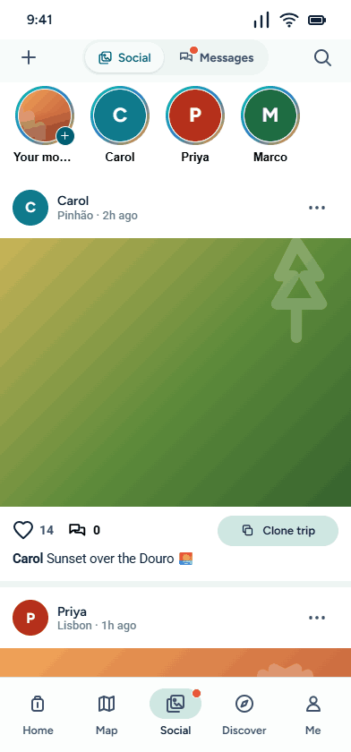 Kinetiq social feed with cloneable trips