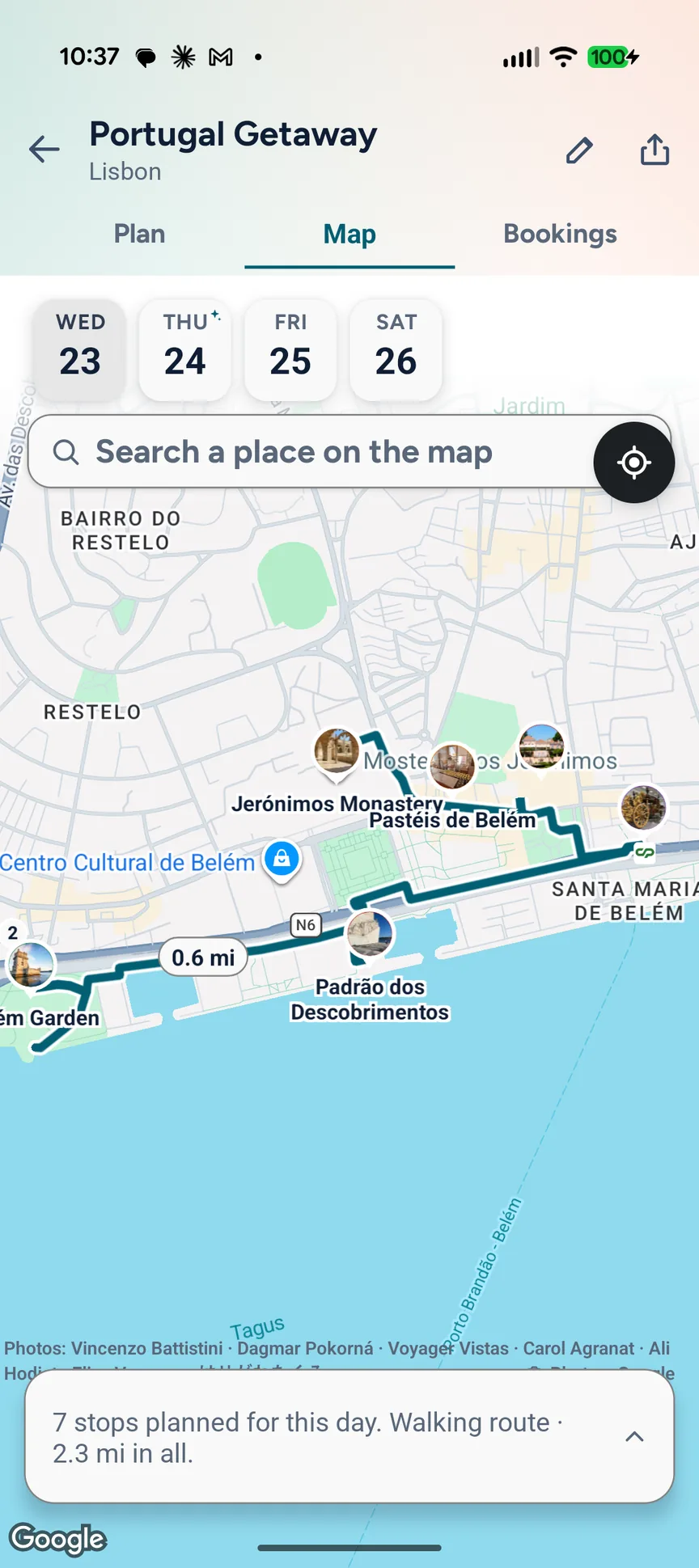 Kinetiq trip map: the day's walking route through Belém with seven numbered stops