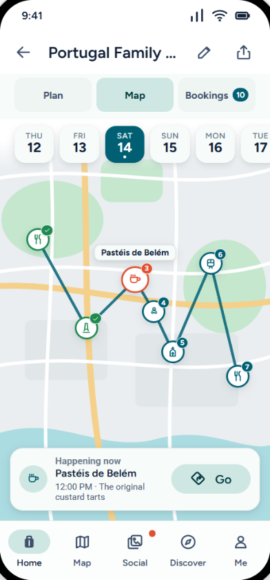Trip map showing the day's route, numbered stops and a Happening now card