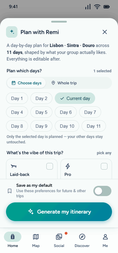 Plan with Remi: choose days, set your pace and interests, generate an itinerary
