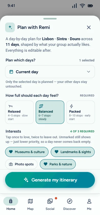 Plan with Remi: choose days, set the pace and pick interests, then generate the itinerary