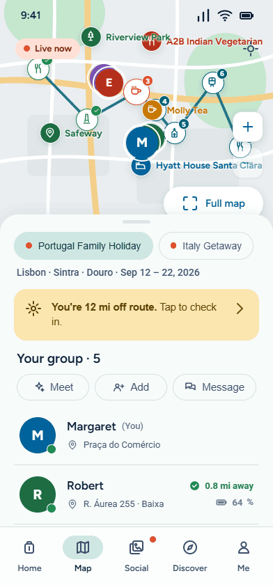 Kinetiq live group map with each traveler's position and distance